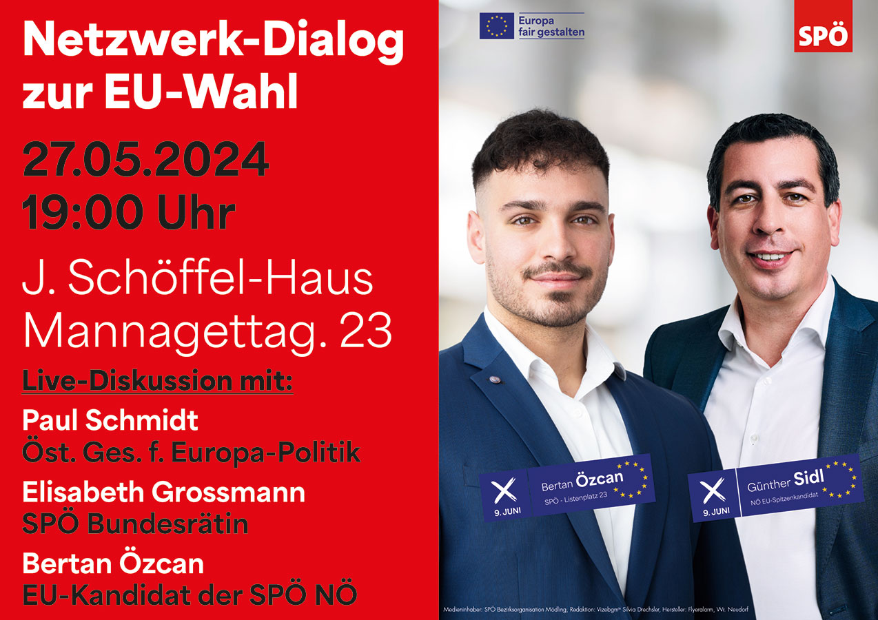 Werbe-Sujet zum Netzwerk-Dialog für das A1-Plakat zur EU-Wahl mit Bertan Özcan und Günther Sidl