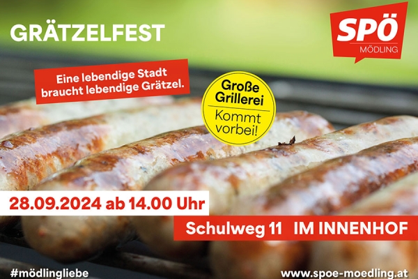 Werbe-Sujet und Einladung zum Grätzelfest: Grillerei am Schulweg 11 im Innenhof