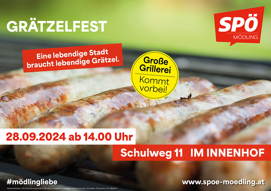 Werbe-Sujet und Einladung zum Grätzelfest: Grillerei am Schulweg 11 im Innenhof